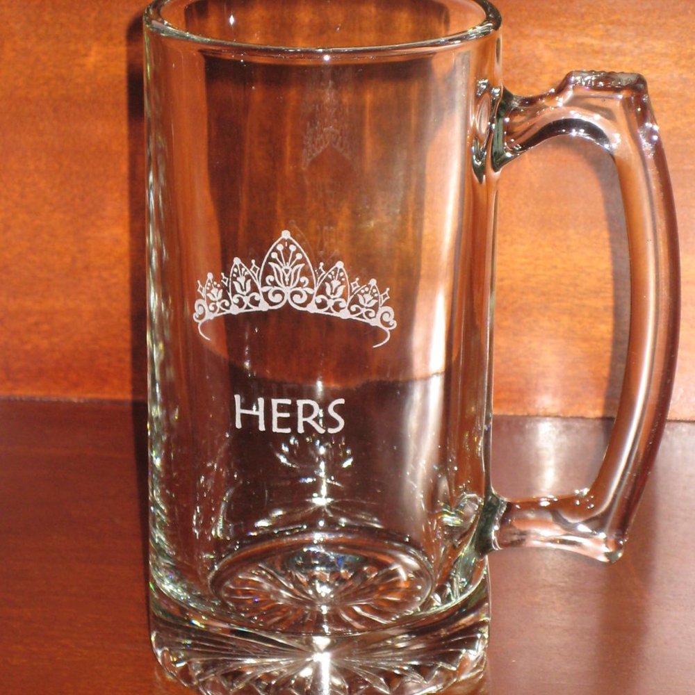 Lg Beer Mug for Her with Tiara - etched glass